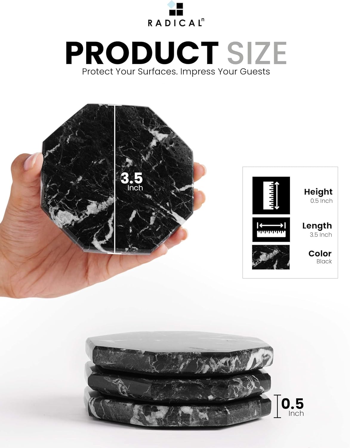 Radicaln Marble Coasters Star 3.5" Inches Black Handmade Stone Drink Coasters Set of 6 for Coffee Table and Dining Table Decor, Coaster for Drink