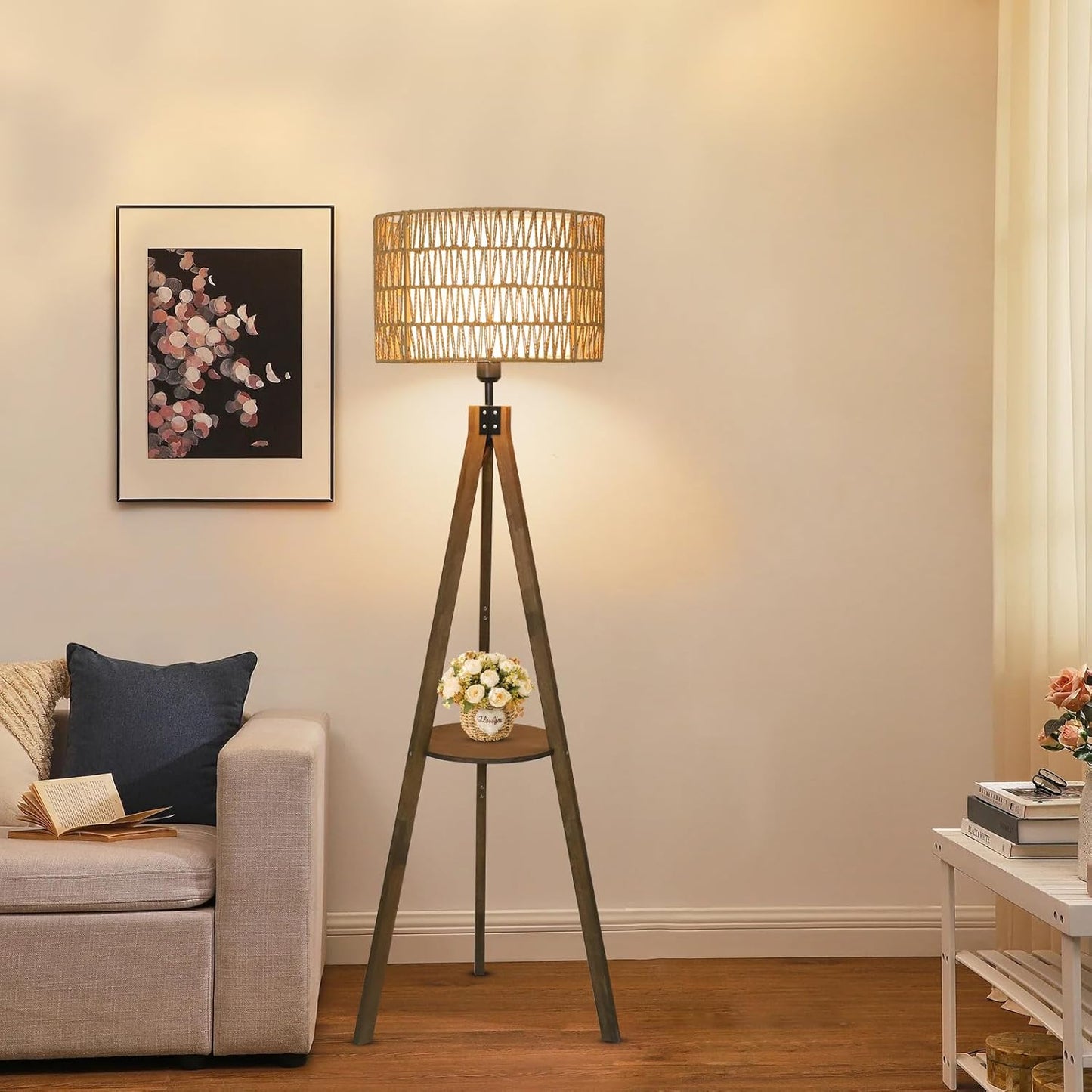 Boho Tripod Floor Lamps for Living Room, Rattan Wood Floor Lamp with Fabric Shades, Mid Century Standing Lamp with Shelf, Foot Switch, Modern Farmhouse Tall Lamps for Bedroom Office Brown