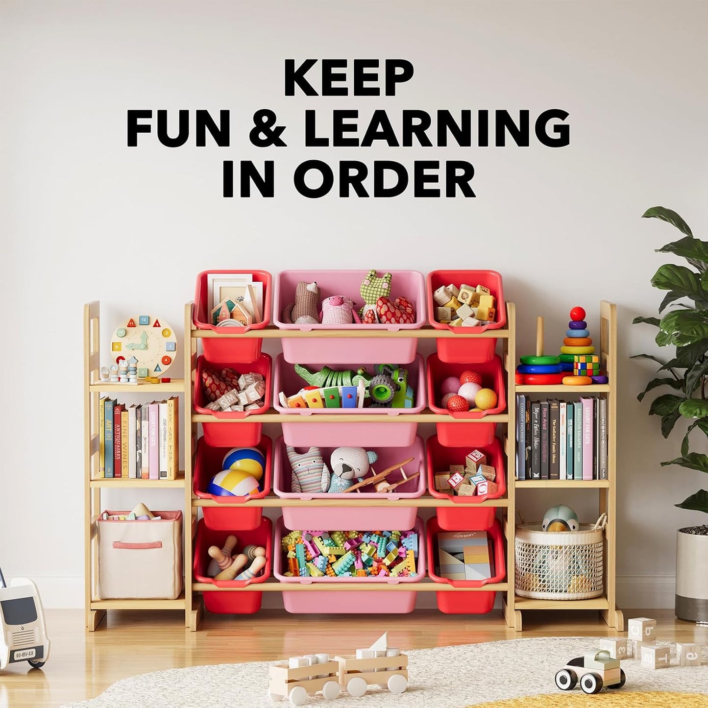 SpaceAid Toy Storage Organizer with 6 Shelves and 12 Bins, Toy Organizers Storage Bookshelf, Kids Bin Shelf Toys Box Bookcase for Bedroom Playroom Organization Room Decor, Red and Pink