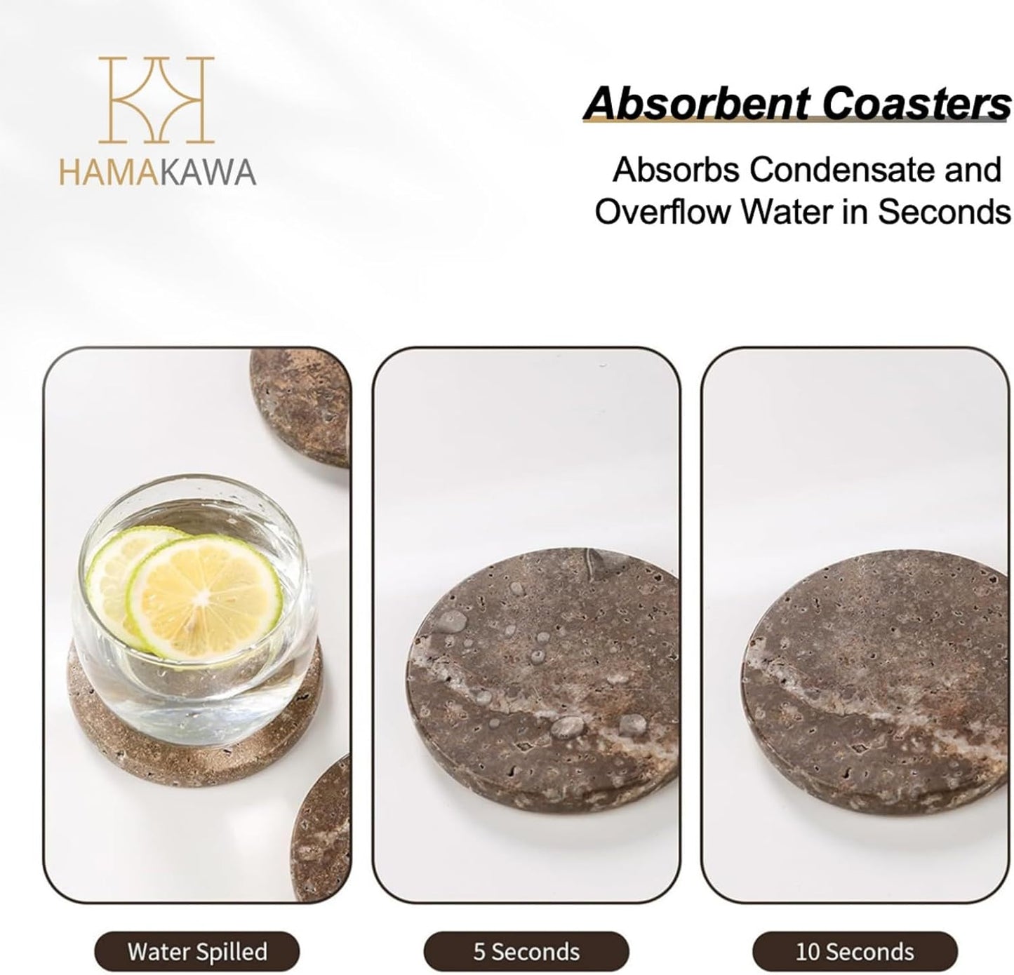 Marble Coasters Set of 4, Natural Gray Stone 4 Inch/10 cm, Modern Round Travertine Drink Coasters for Home Decor, Coffee Table, Office