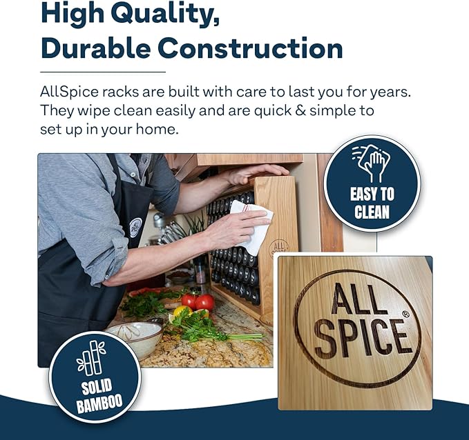 AllSpice Spice Rack Organizer, Wood, 525 Unique Labels, Countertop or Wall Mount, Includes 30 4oz Jars- Bamboo