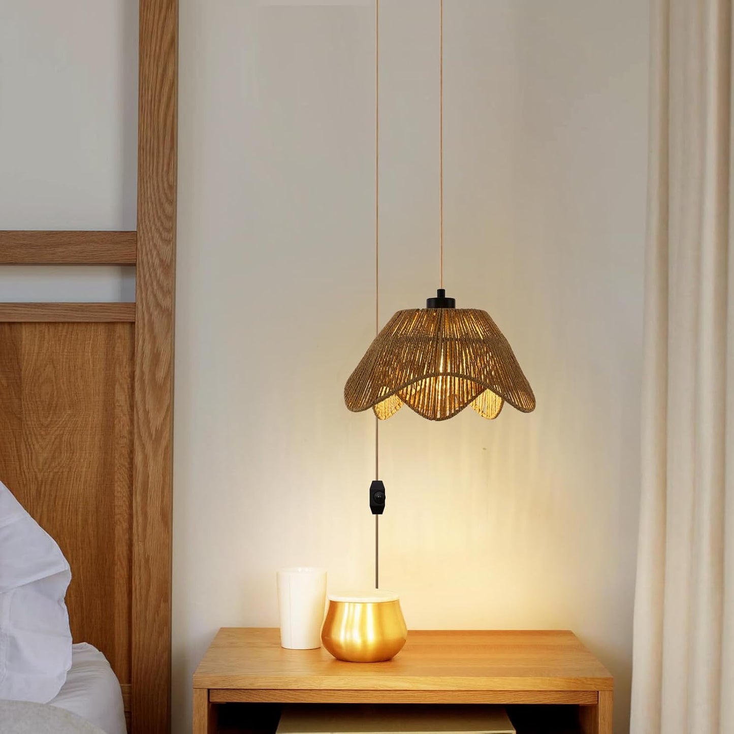 Plug in Pendant Light, Boho Rattan Hanging Lights with Plug in Cord,Rustic Hand Woven Wicker Hanging Lamp with On/Off Switch, Adjustable Plug in Ceiling Light for Kitchen Bedroom Living Room