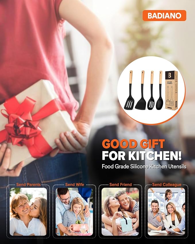 Silicone Cooking Utensils Set, Perfectly Angled for Frying, Mixing,Serving,Draining,Turning and Stirring, BPA-Free Matte Silicone, Wood Handles, Safe for Nonstick Cooking Surfaces,4 Pack (Black)