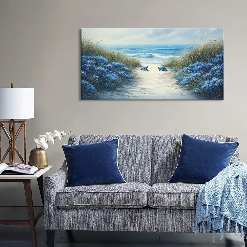 LASMOND Romantic Beach Wall Art for Living Room Blue Sea Turtle Lovers Canvas Painting Prints Ocean Sandy Romance Flowers Large Bedroom Office Decor Artwork (46x23 Inches)