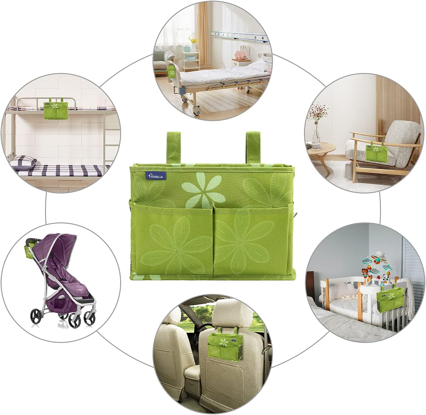 Surblue Bedside Caddy Hanging Bed Organizer Storage Bag Pocket for Bunk and Hospital Beds, College Dorm Rooms Baby Bed Rails,Camp Chiars,Wheelchair Side Bag,4 Pockets and 2 Hooks (Flower)