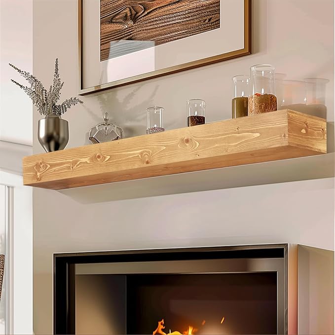 48x8x5 Fireplace Mantel - Handcrafted Rustic Solid Wood Wall Mounted Floating Shelf with Invisible Heavy Duty Wood Bracket (Natural)