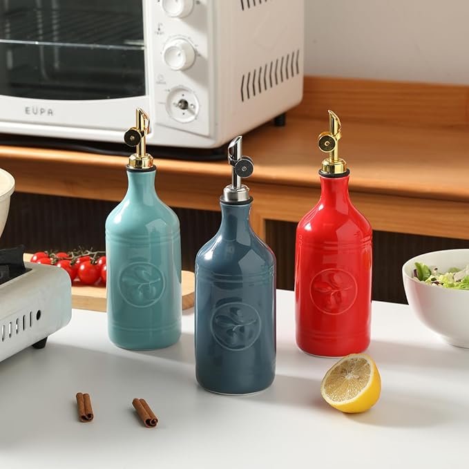 Sweejar 16 Oz Ceramic Olive Oil Dispenser Bottle, Oil Dispenser for Kitchen with Gravity Spout, Relief Opaque Oil Container for Evoo, Avocado Oil, Vinegar, Soy Sauce, 1 Pack(Turquoise, Silver Spout)
