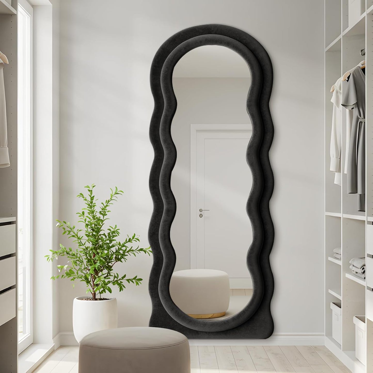 Full Length Mirror 63"x24" Arched Wavy Full Body Wall Mounted Floor Mirror with Stand Black Flannel Frame Leaning Hanging Wall Mirror for Bedroom Entrance