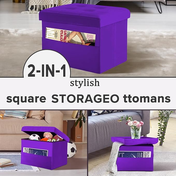 LINMAGCO Storage Ottoman Folding Foot Stool Foot Rest with Side Pocket Modern Ottoman with Storage Short Sofa Stool Velvet 17x13x13(Purple)