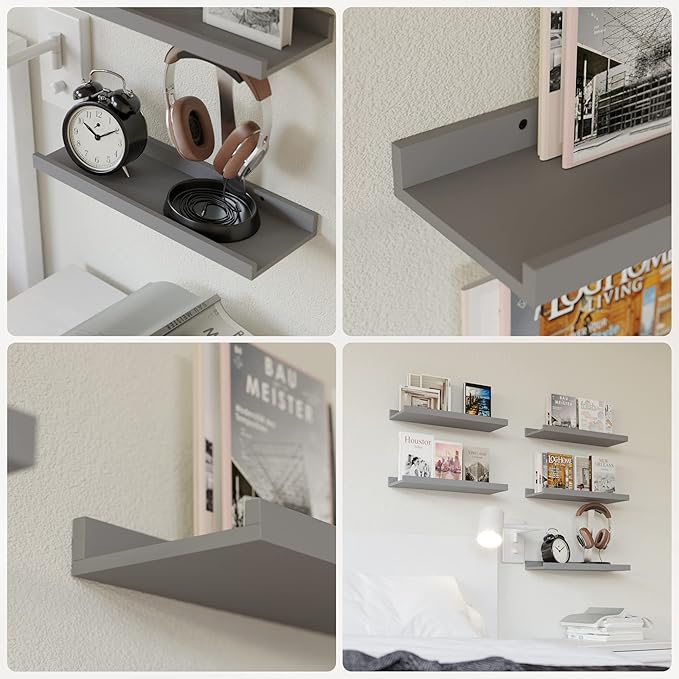 RICHER HOUSE Mounted Shelves for Wall Decor, Modern Picture Ledge Shelf with Lip for Wall Storage Nursery, Bedroom, Living Room, Bathroom - Grey
