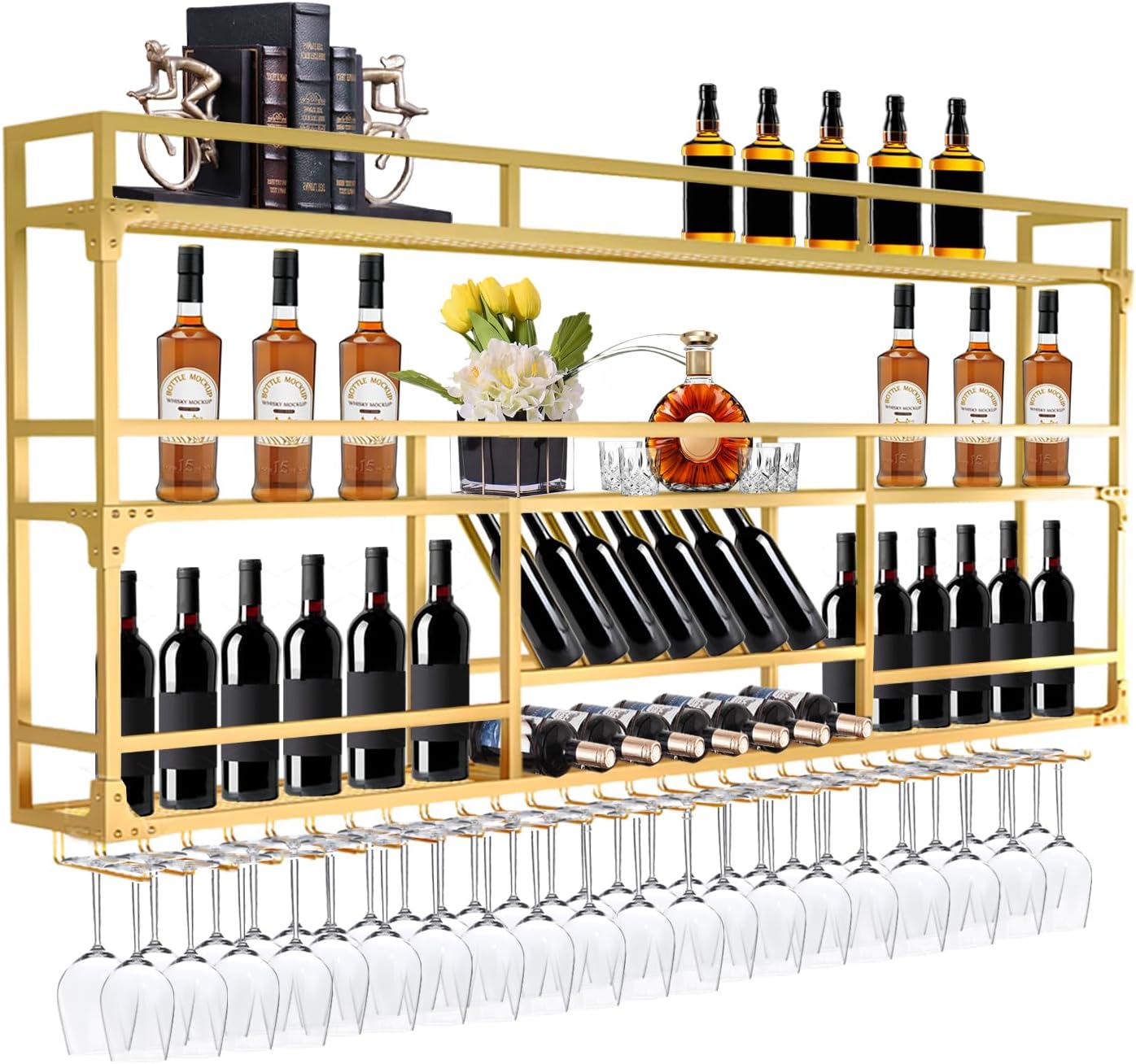 39.1in Wall Mounted Wine Rack, Wine Rack Wall Mounted With Wine Glass Rack, Metal Bar Bottle Display Shelf Wine Cups Hanging Holder, For Home Bar Cafe Dining Room Decoration (GOLD, 39.1*10*35.5inch)