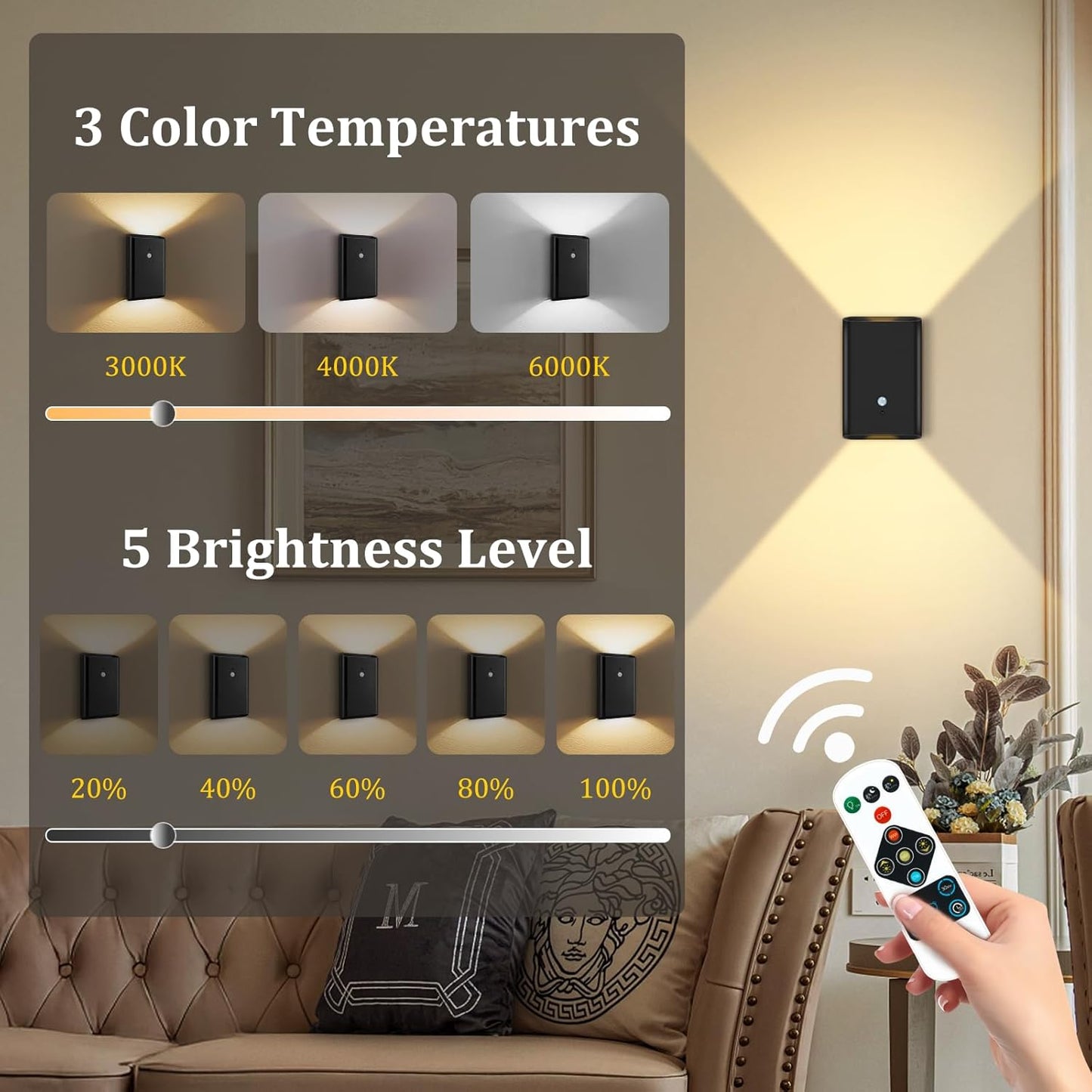 Eneru Rechargeable Motion Sensor Night Light: 5000mAh Black Battery Operated Wall Sconce with Remote Control, 3 Colors Wireless Stair Lights Indoor, Magnetic LED Night Lamp for Bedroom Hallway Closet
