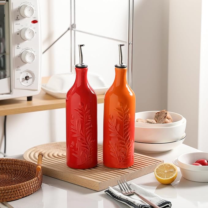 Sweejar Large Olive Oil Dispenser Bottle with Spout, 24 Oz Ceramic Oil Dispenser for Kitchen, Relief Opaque Cruet, Container for Cooking, EVOO, Vinegar, Pack of 1 (GradientOrange)
