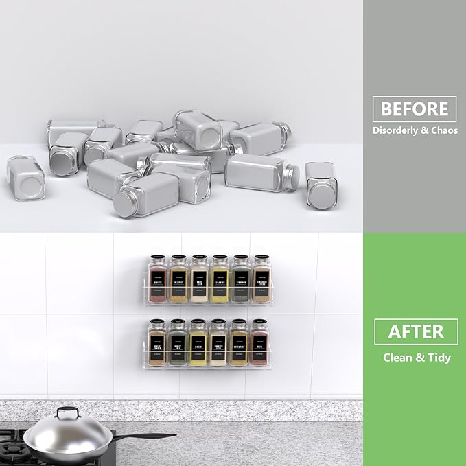 PMMASTO Adhesive Acrylic Spice Rack Organizer with 12 Empty Square Spice Jars, 238 Spice Labels with Chalk Marker and Funnel Complete Set for Kitchen Cabinet/Pantry Door (Clear - 2 Pack)