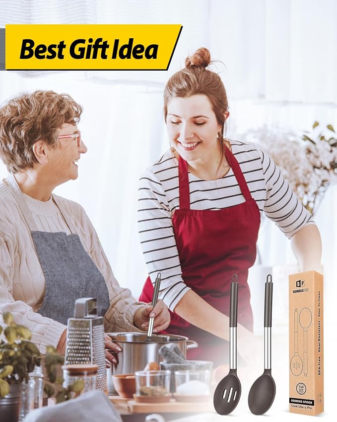 Pack of 2 Large Silicone Cooking Spoons,Non Stick Solid Basting Spoon,Heat-Resistant Kitchen Utensils for Mixing,Serving,Draining,Stirring (CHOCOLATE)