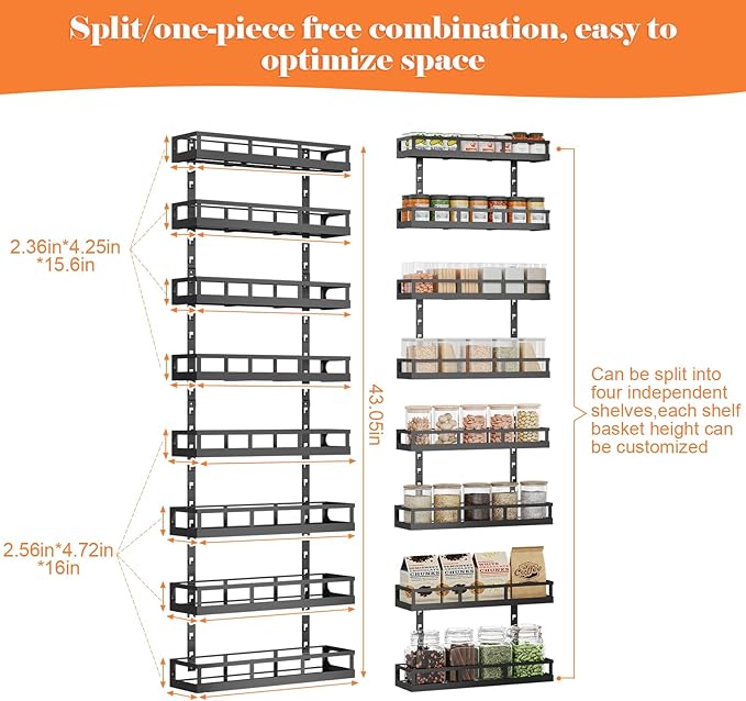 X-cosrack 8-Tier Adjustable Spice Rack โ Wall-Mounted Space-Saving Organizer with Mixed Baskets, Large-Capacity Seasoning Holder for Kitchen & Pantry (Black)