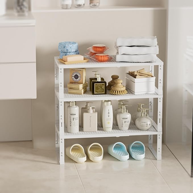 Expandable Spice Rack,Stackable Storage for Cabinet, Multi-Functional Kitchen Shelving,Height-Adjustable,Sustainable Organizer Solution(2Packs/White/Large)