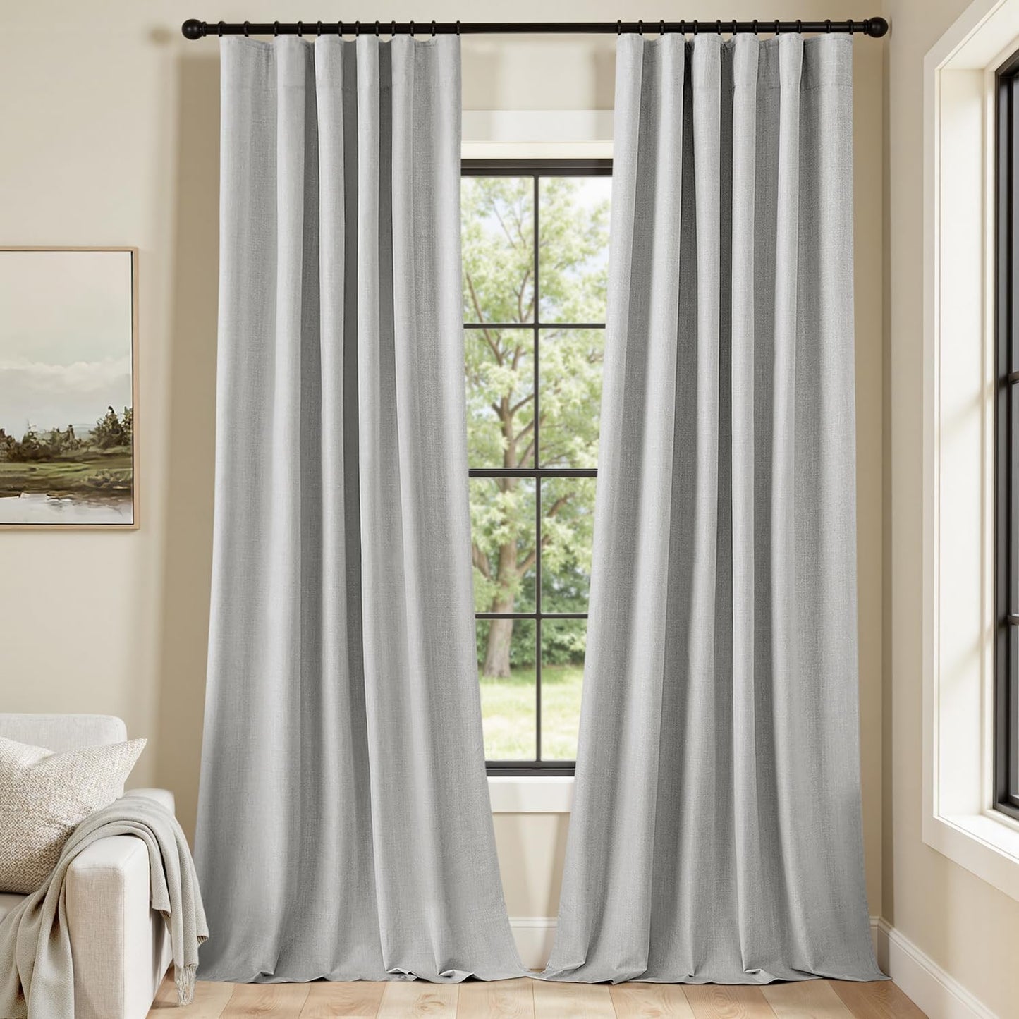 MIULEE 100% Blackout Curtains 84 Inch Long 2 Panels Set for Bedroom, Thick Luxury Faux Linen Black Out Curtain Room Darkening Back Tab Pleat Window Textured Drapes with Hooks for Living Room, Grey