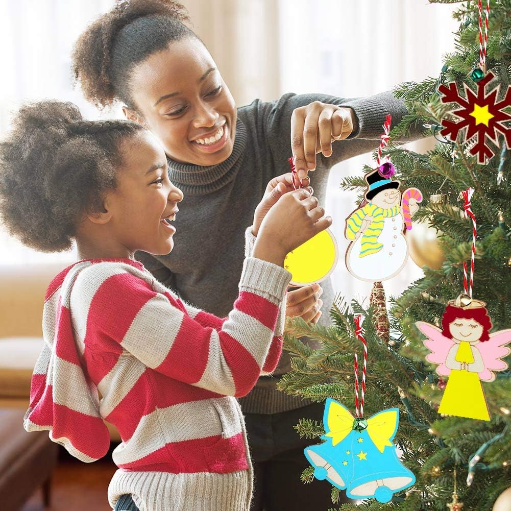48PCS Christmas Crafts for Kids, Wooden Christmas Ornaments Unfinished Wood Slices with 6 Styles, DIY Christmas Ornaments Kits for Christmas Tree Holiday Hanging Decorations
