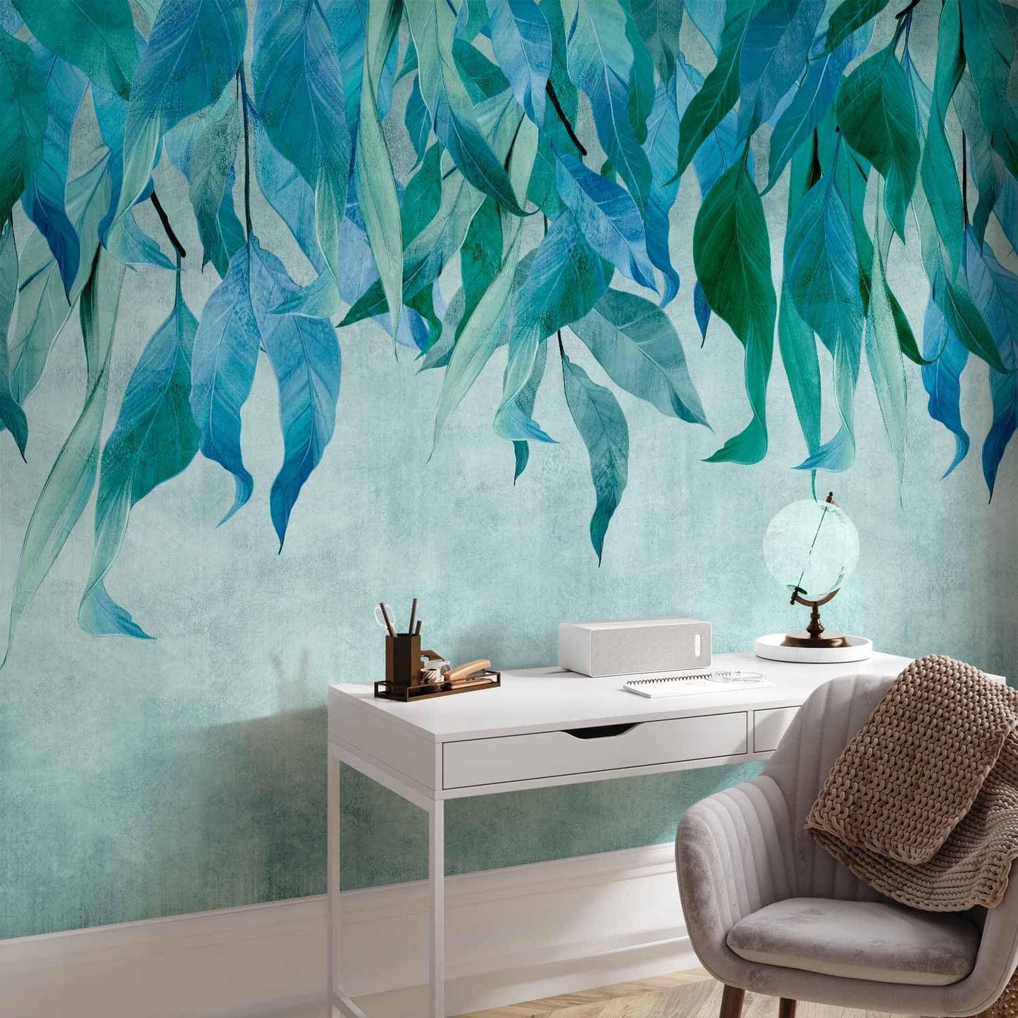 artgeist Premium Wall Mural Hanging Leaves 157x110 in - Non-Woven Wallpaper Fleece Wall Decor Photo Print Picture Image Design Nature Botanical Concrete Green Blue b-C-10146-a-b