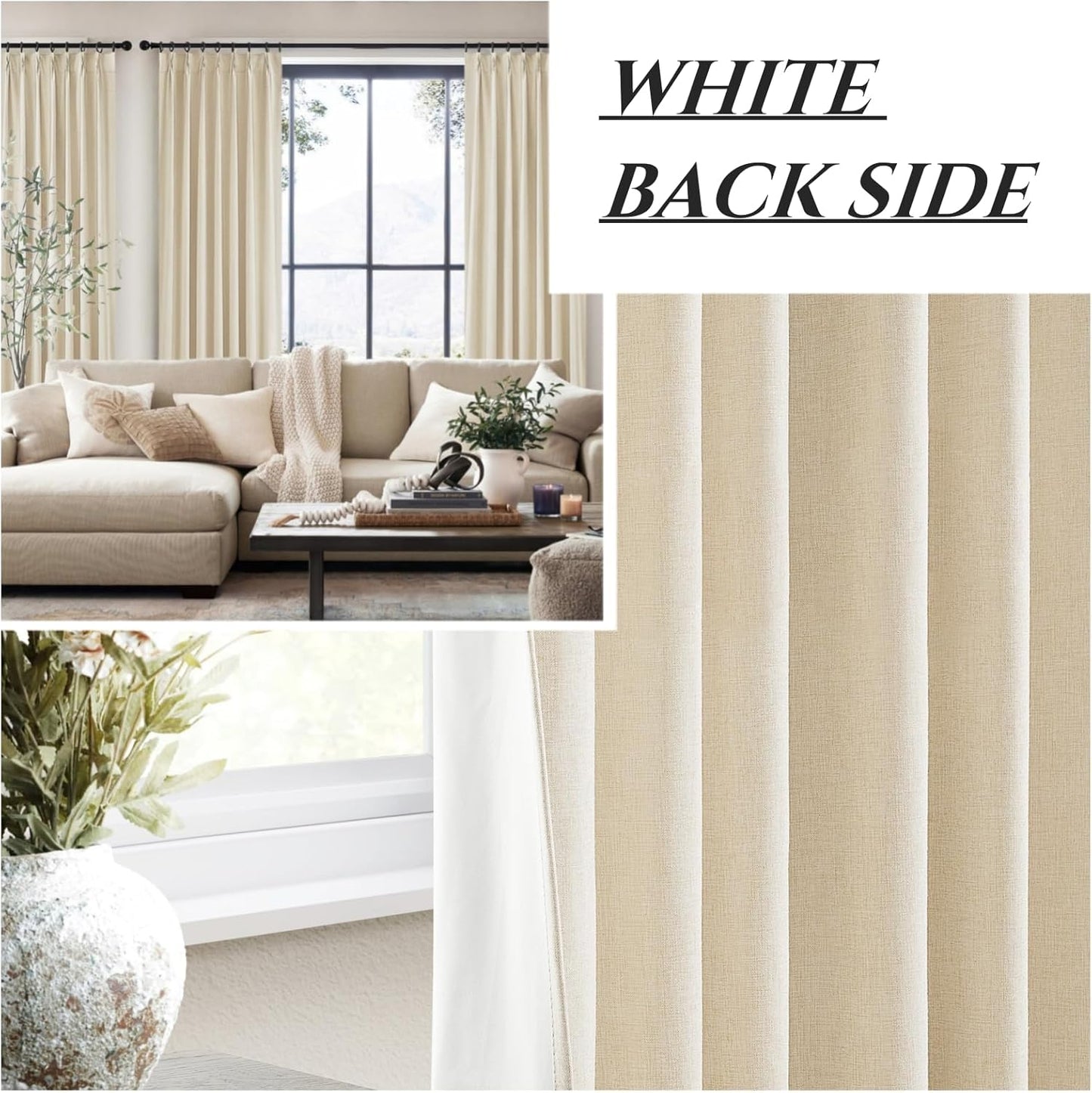 Black Out Curtains 108 Inch Long 2 Panels Burg, Blackout Tall Floor Length Curtains for High Living Room Sound Proof Curtains Linen Window Hooks for Pinch Pleated Drapes Track System Buttercream Ivory