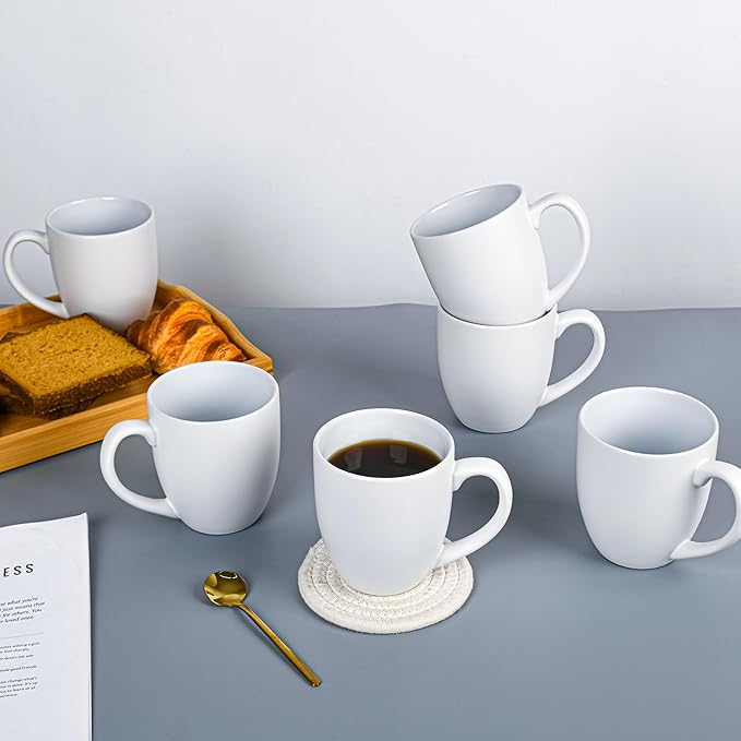 16oz Coffee Mugs Set of 6, Large Ceramic Modern Coffee Mugs With Handle For Tea,Latte,Cappuccino,Cocoa. Dishwasher.Microwave Safe (Matte White)