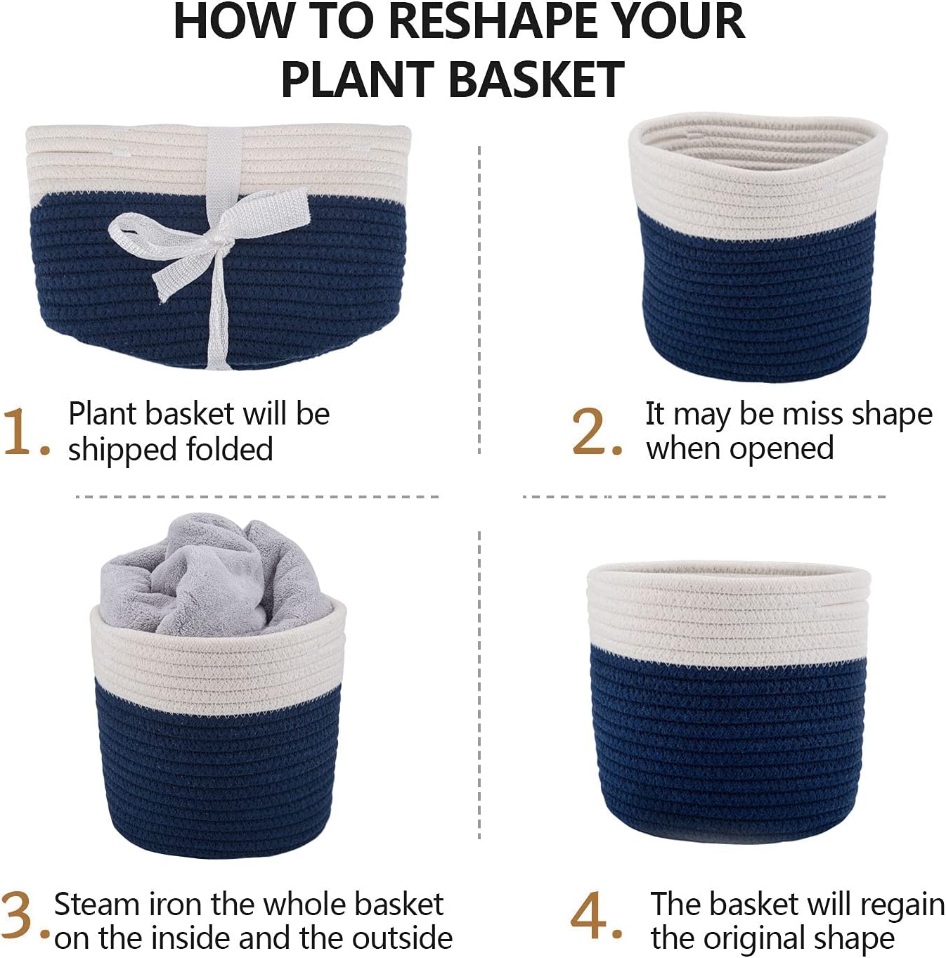 Cotton Rope Plant Basket Woven Baskets for 6" Pot Floor Indoor Planters,Rustic Home Decor H6 3/4" x W6 1/2" White Stitching Navy Blue