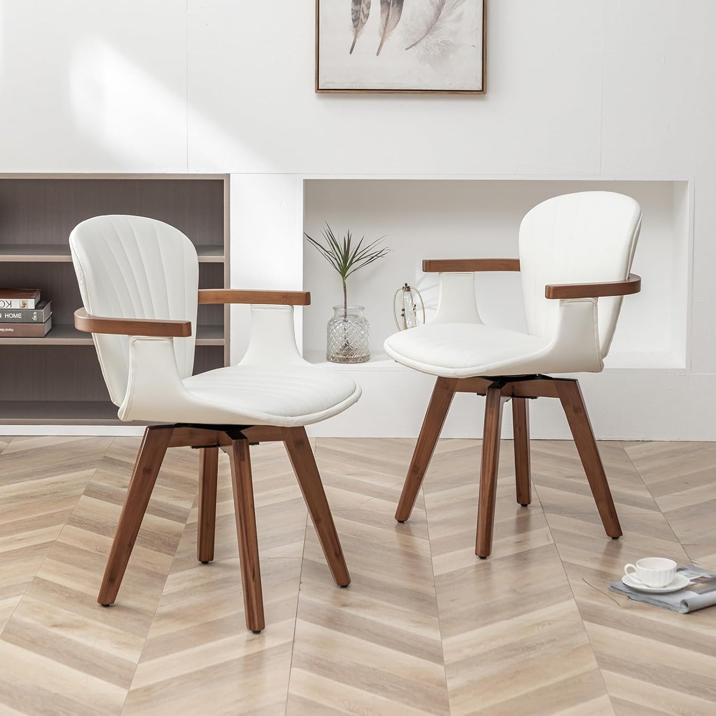 LUNLING Swivel Dining Room Chairs Set of 2,Mid Century Modern White Faux Leather Kitchen Chair with Arms,Bamboo Legs Side Chairs No Wheels,Accent Chair for Dining Rooms and Offices