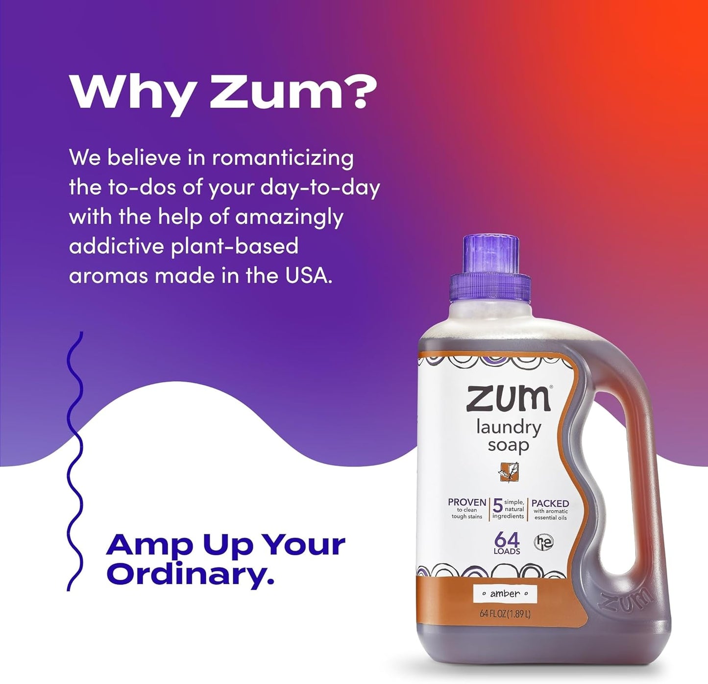 Indigo Wild Zum Clean Laundry Soap - Plant-Based Liquid Laundry Soap - Contains Baking Soda, Essential Oils & Saponified Coconut Oil - Amber - 64 fl oz