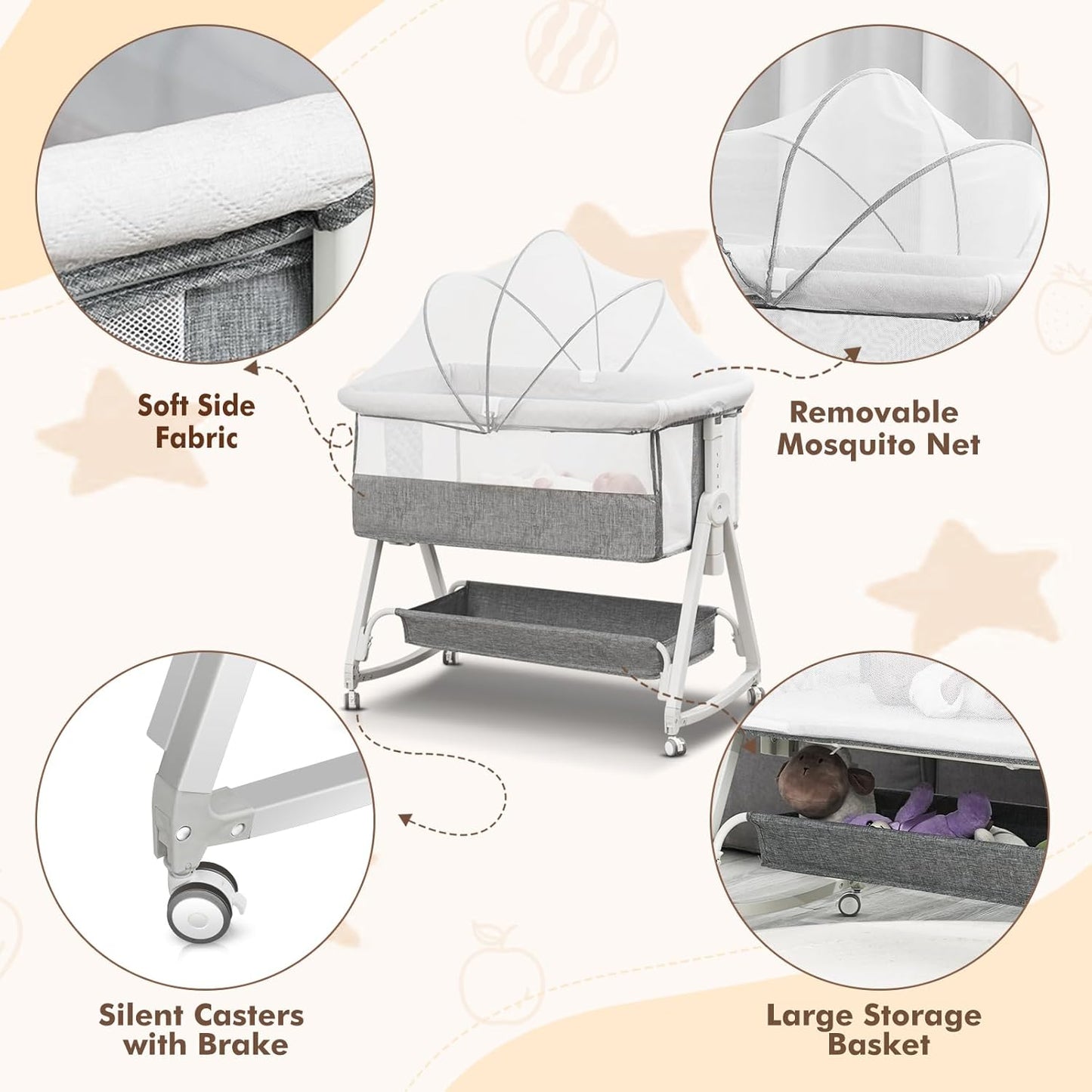 Baby Bassinet Bedside Sleeper for Baby,Bedside Bassinet with Wheels and Storage Basket,All Mesh 6 Height Adjustable Easy to Assemble Bedside Crib (Upgrade Grey)