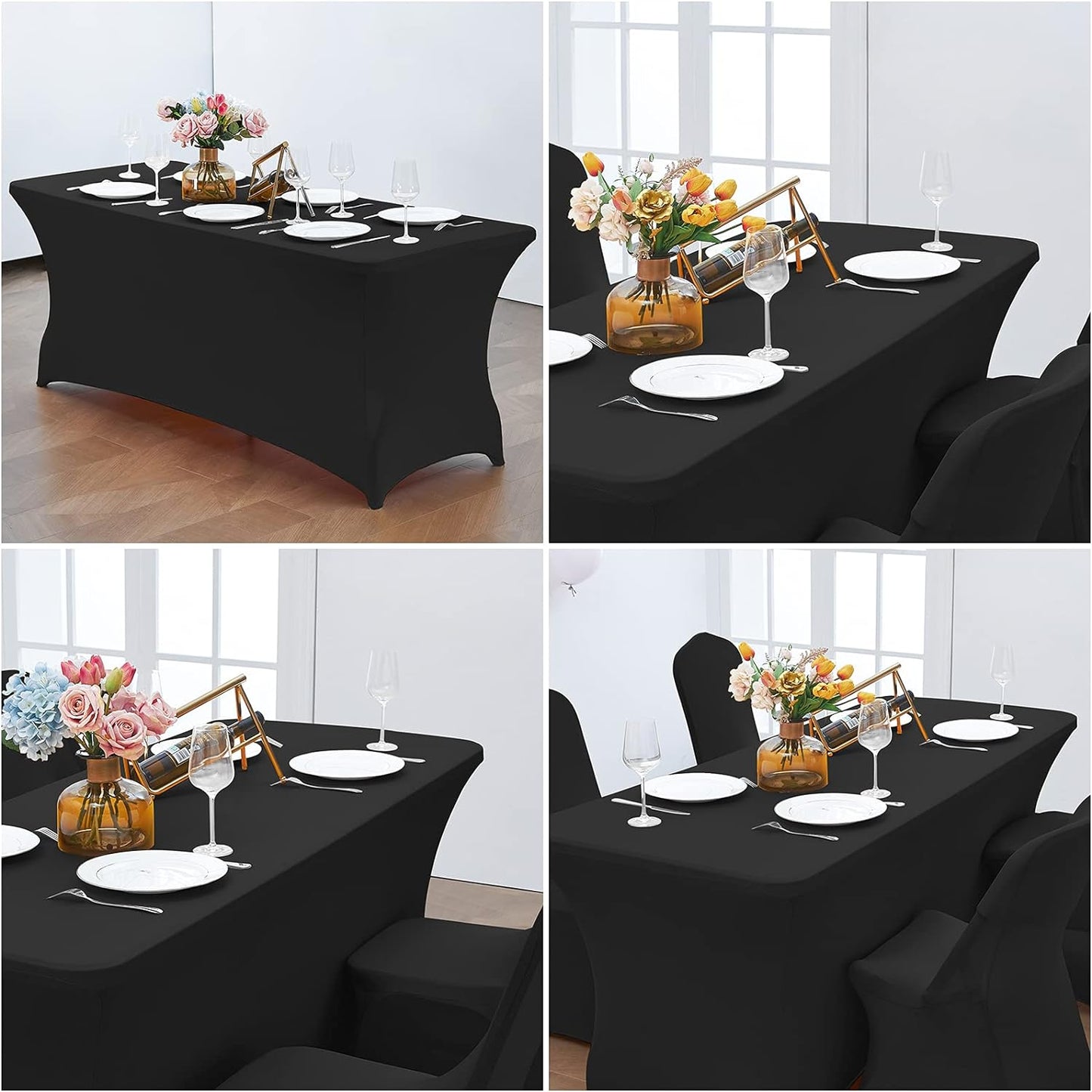 CWK 8FT Waterproof Stretch Spandex Table Cover for Rectangular Tables - Elastic Fitted Tablecloth for Folding Tables,Wrinkle Resistant Table Cloth for Parties, Weddings, Banquets & Events (Black)