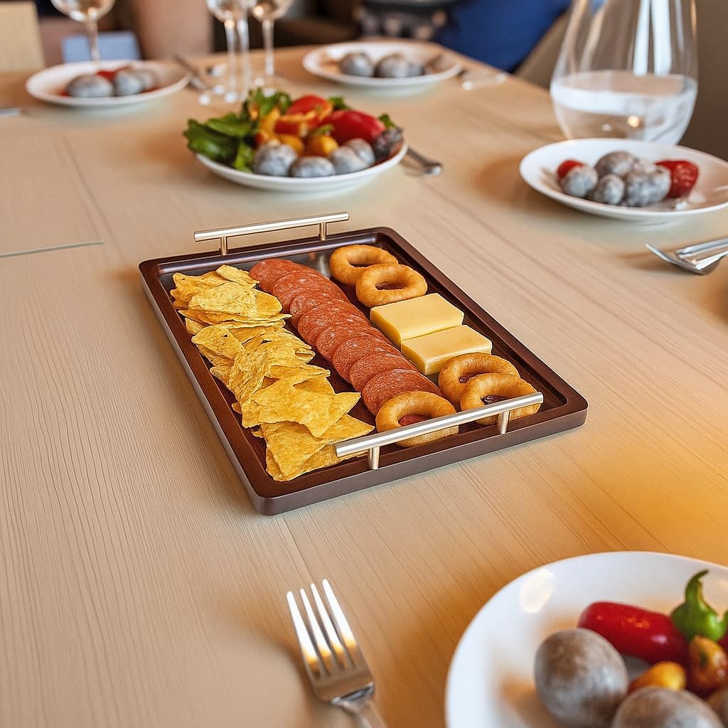 Acacia Wood Serving Tray – 17" x 13" Ottoman Tray with Metal Handles for Coffee Table, Breakfast, Snacks, Tea, Food – Decorative Wooden Tray for Kitchen, Living Room & Bedroom