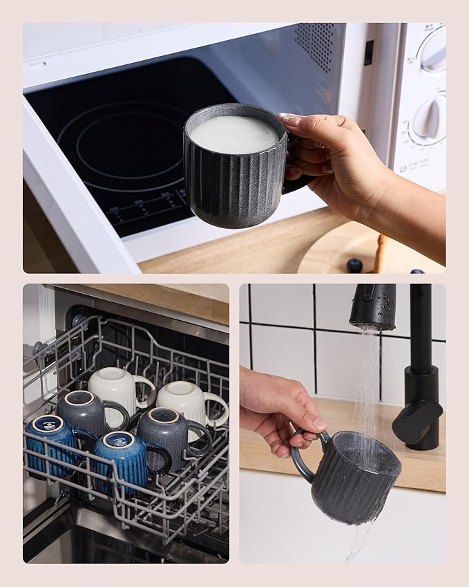 famiware Coffee Mugs Set of 6, Starlight 11 oz Mug Cup Set with Handle for Coffee, Tea, Cocoa, Milk - Ceramic Stoneware Mug Set, Matte Black Grey