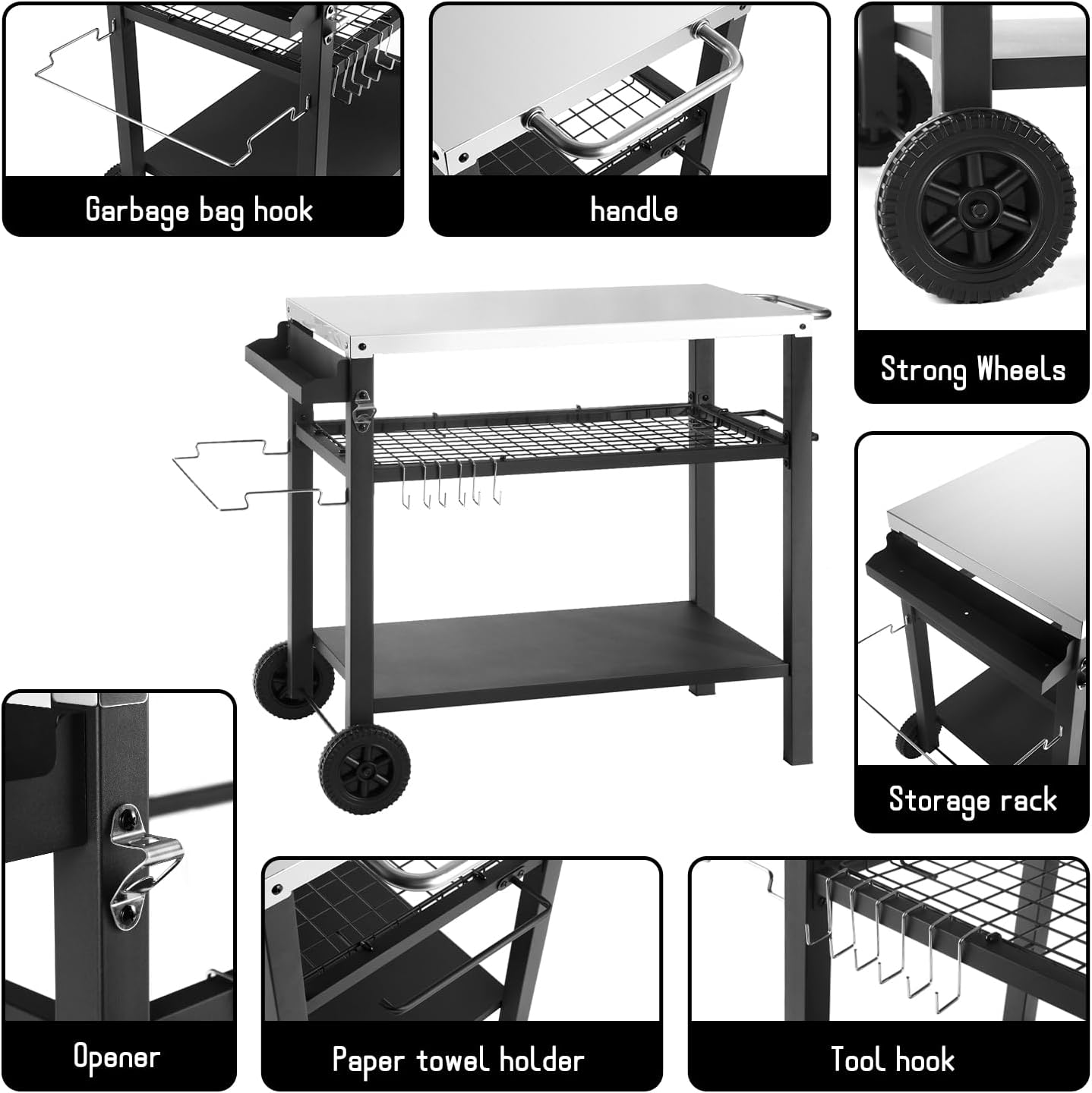 Grill Cart Table with Three Shelf, Movable Outdoor Dining Cart Pizza Oven Stand with Three Hooks, Kitchen Cart Island Multifunction Food Prep Table (Sliver)