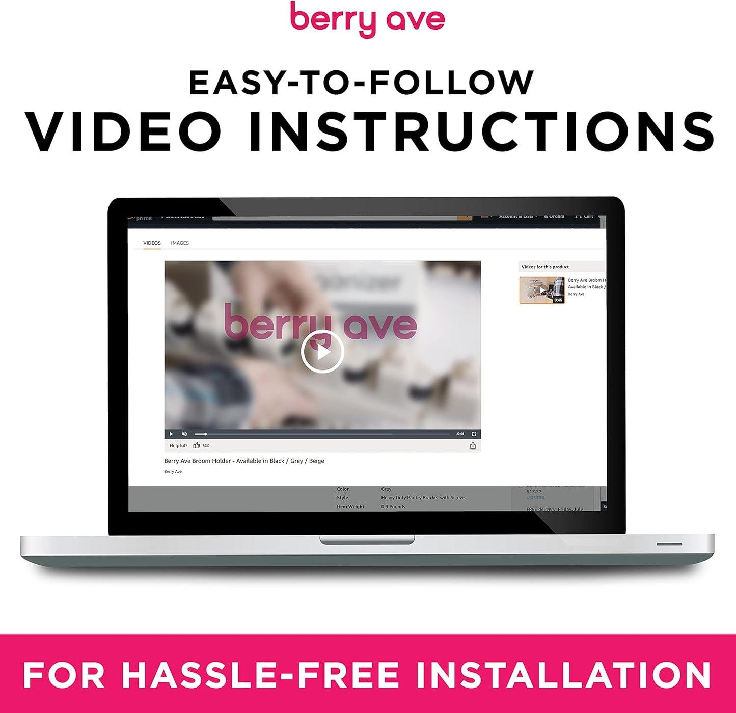 Berry Ave Broom Holder and Garden Tool Organizer Rake or Mop Handles Up to 1.25-Inches (White, 2pk)