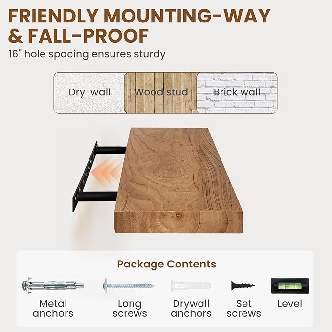 Rustic 30" Floating Shelves, Real Elm Wood Floating Shelf for Wall, Heavy-Duty Wall Shelves for Books, Wooden Floating Shelves with Invisible Bracket for Bathroom, Kitchen, Natural Color, Set of 2