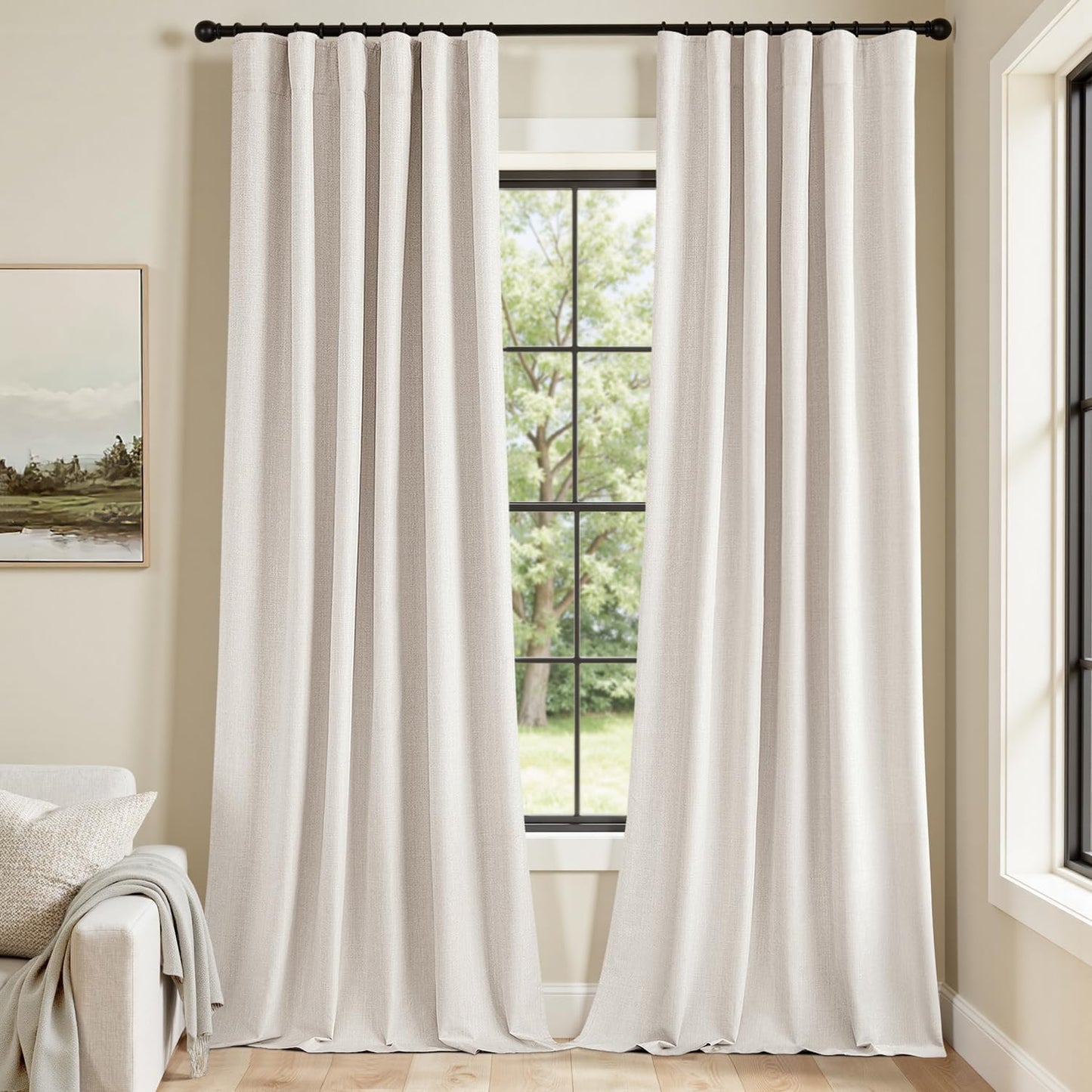 MIULEE 100% Blackout Curtains 108 Inch Long 2 Panels for Bedroom, Thick Luxury Faux Linen Black Out Curtain Room Darkening Back Tab Pleat Window Textured Drapes with Hooks for Living Room, Ivory