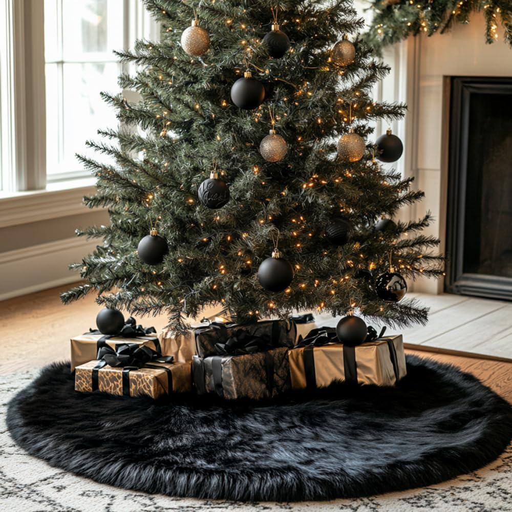 AOGU 36 Inch Faux Fur Christmas Tree Skirt Black Plush Skirt for Merry Christmas Party Christmas Tree Decoration