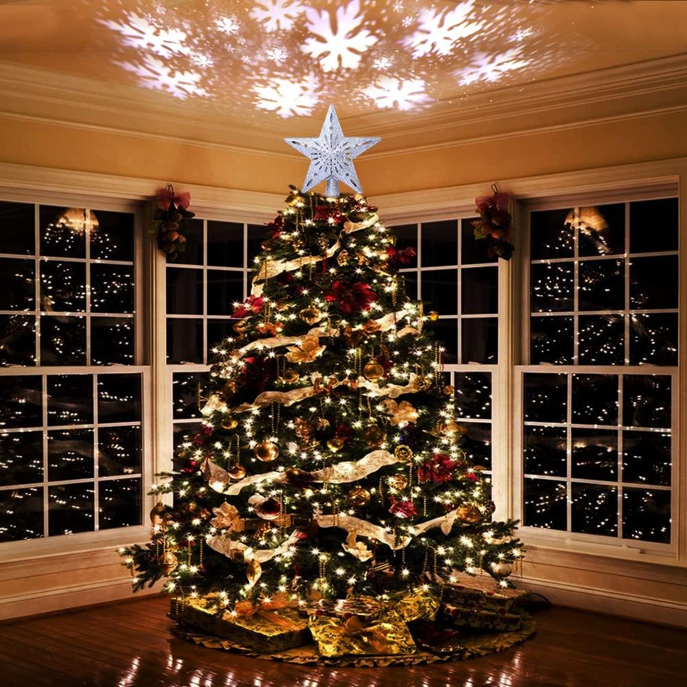 OurWarm Christmas Tree Topper Lighted Star Tree Toppers with LED Rotating Snowflake Projector Lights, 3D Hollow Silver Star Snow Tree Topper for Christmas Tree Decorations