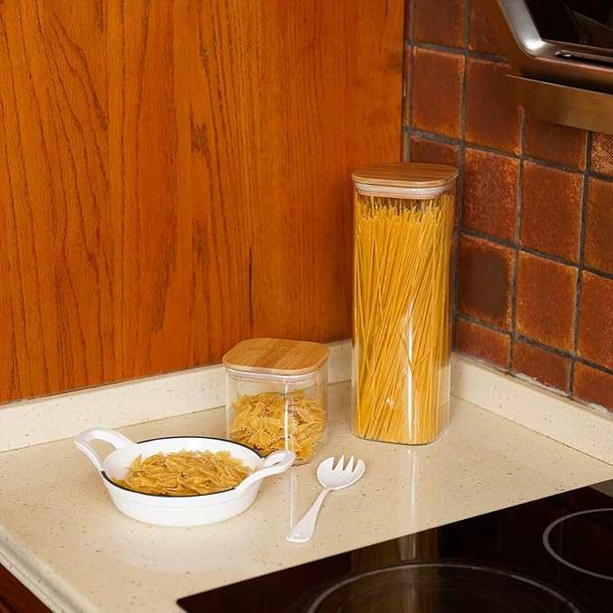 Glass Pasta Storage Jars Square 73oz, 3 Pack Glass Jars With Bamboo Lids, Tall Kitchen Storage Containers For Pasta, Storage For Pantry Organizers