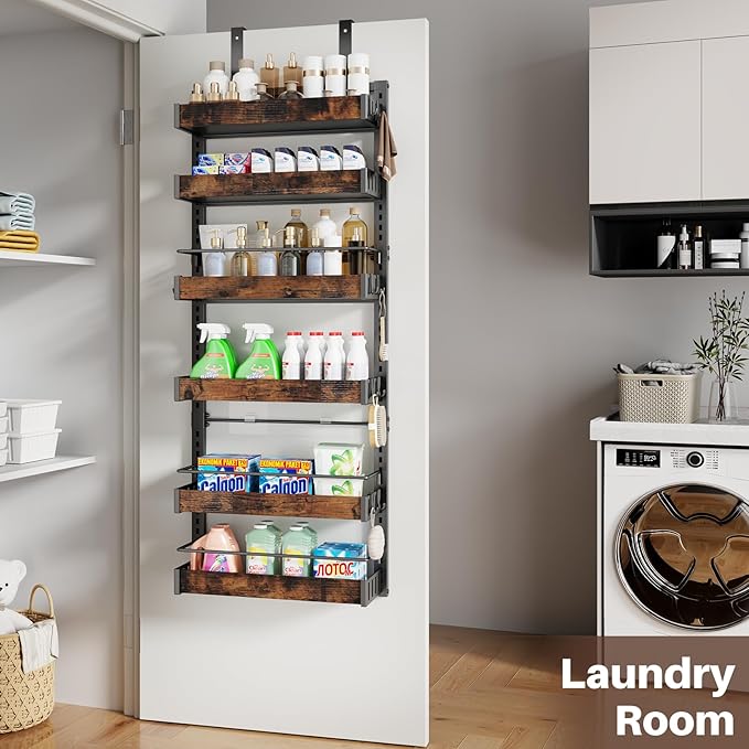 6 Tier Over The Door Pantry Organizer, 2 IN 1 Wall Mount or Metal Hanging Spice Rack for Pantry Organizers and Storage, Seasoning Shelves,Adjustable Basket with Hooks for Kitchen, Bathroom,Laundry