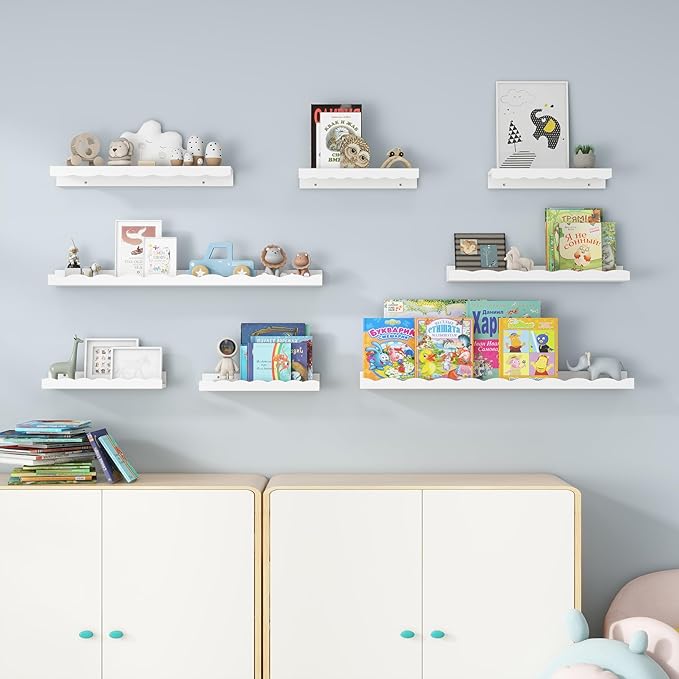 Fun Memories Picture Ledge Shelf for Wall, 36 inch Pine Wood Nursery Book Shelves Set of 2- Wall Book Shelves for Kids Room, Home Decor - Kitchen Spice-White