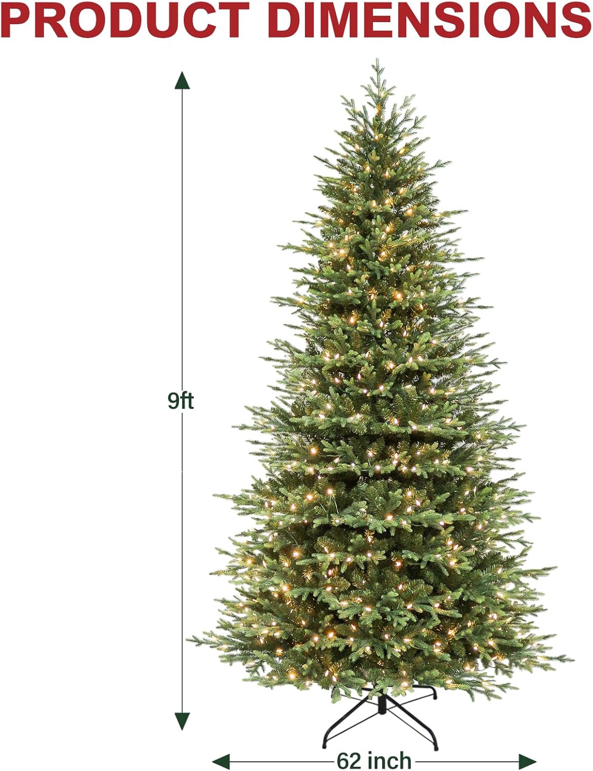Hykolity 9 ft Prelit Artificial Christmas Tree with 5149 PE&PVC Branch Tips, 600 Warm White LED Lights, Easy Assembly with Metal Stand and Hinged Branches