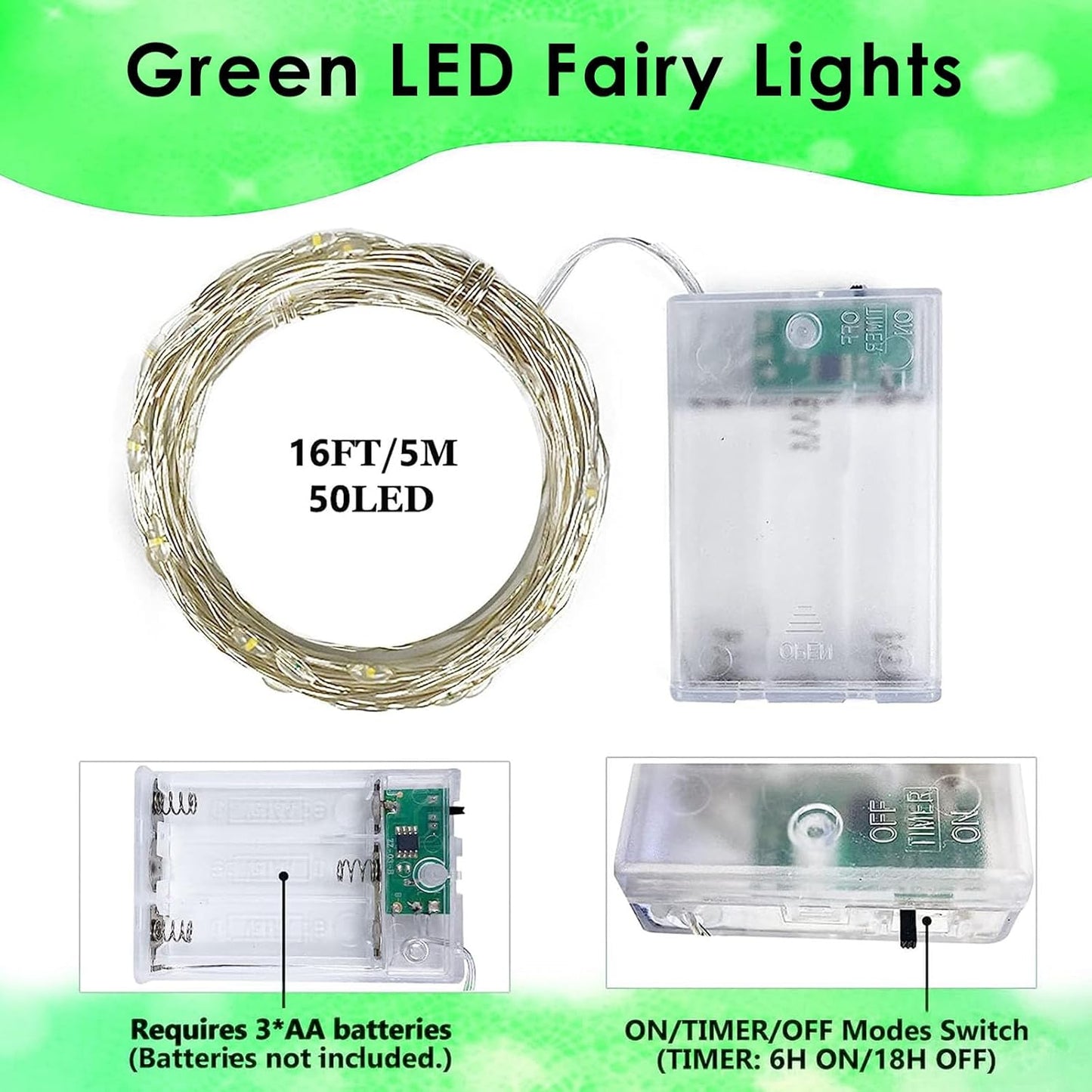 4 Pack 50 LED Fairy Lights Battery Operated with Timer, 16FT Waterproof Halloween Battery Lights Outdoor Indoor Starry Mini Led String Light for Halloween parties Bedroom Home DIY Decoration (Green)