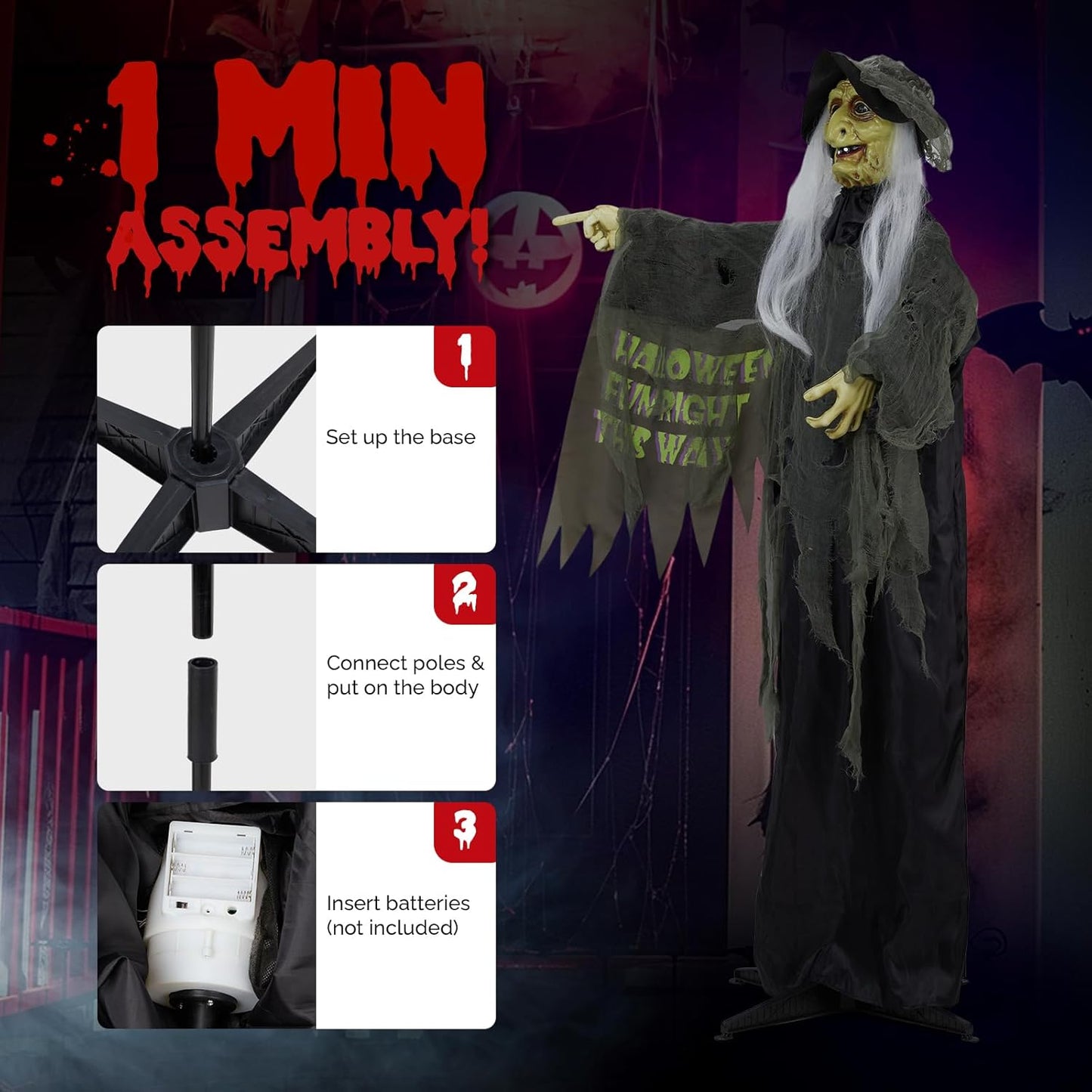 AW Animated Halloween Decorations,Scary Witch,6 FT Life Size Standing Clown,Motion/Sound Activated LED Eyes Creepy Sound,Haunted House Props,Party Outdoor Indoor Lawn Yard Patio 2025