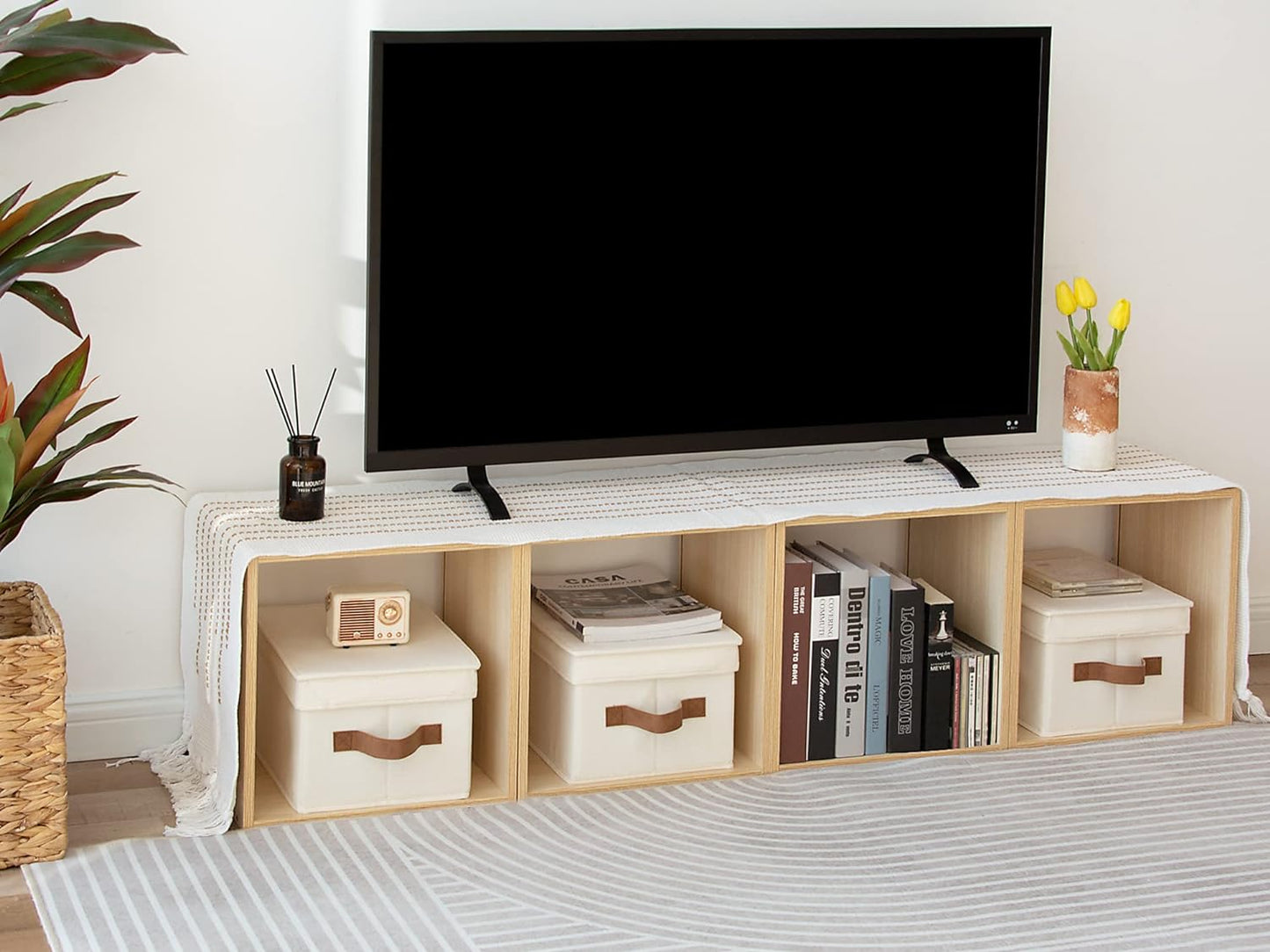 StorageWorks Storage Bins with Lids, Decorative Storage Boxes with Lid and PU Handles, Foldable Storage Baskets for Closet, Shelves, Stackable, Ivory, Medium, 3-Pack