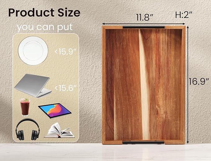 Acacia Wood Serving Tray with Metal Handles,17x12in Ottoman Decorative Trays Platter for Coffee Table,Living Room,Bar,Party(Large)