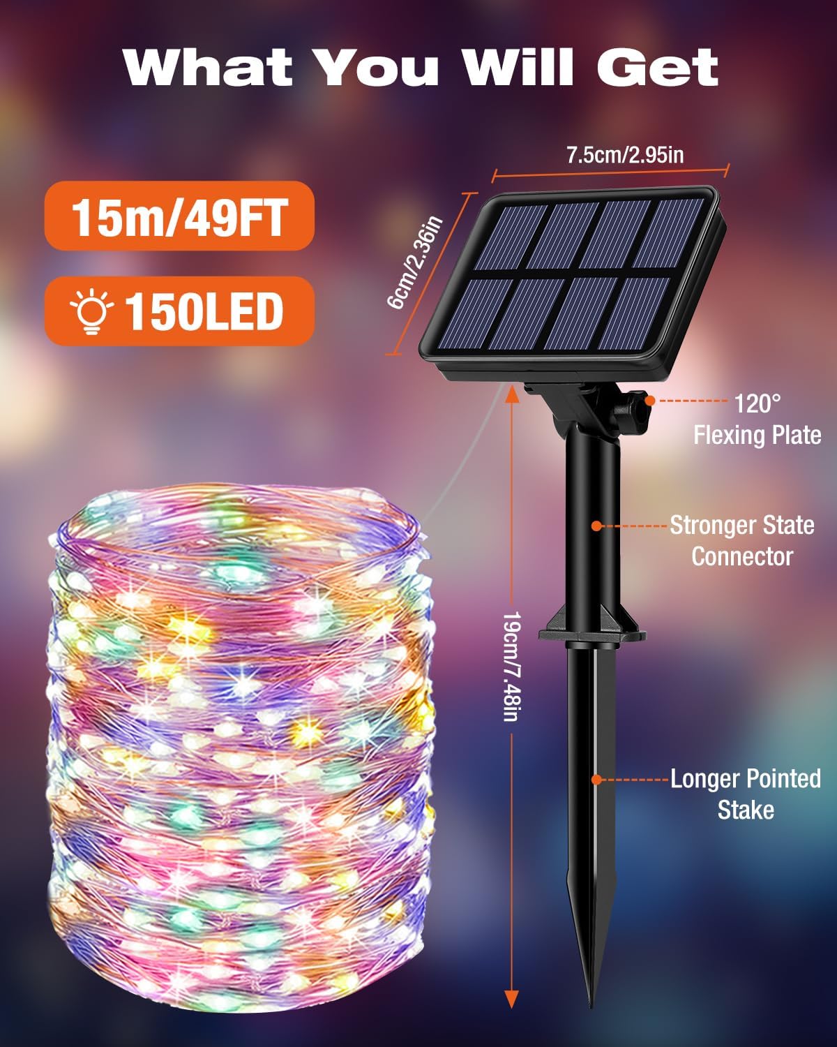 6 Pack Solar Fairy Lights for Outside Waterproof, 49FT/15M 150LED Solar String Lights Outdoor 8 Modes Solar Twinkle Lights for Garden Yard Christmas Tree Wedding Party Decor, Multicolor