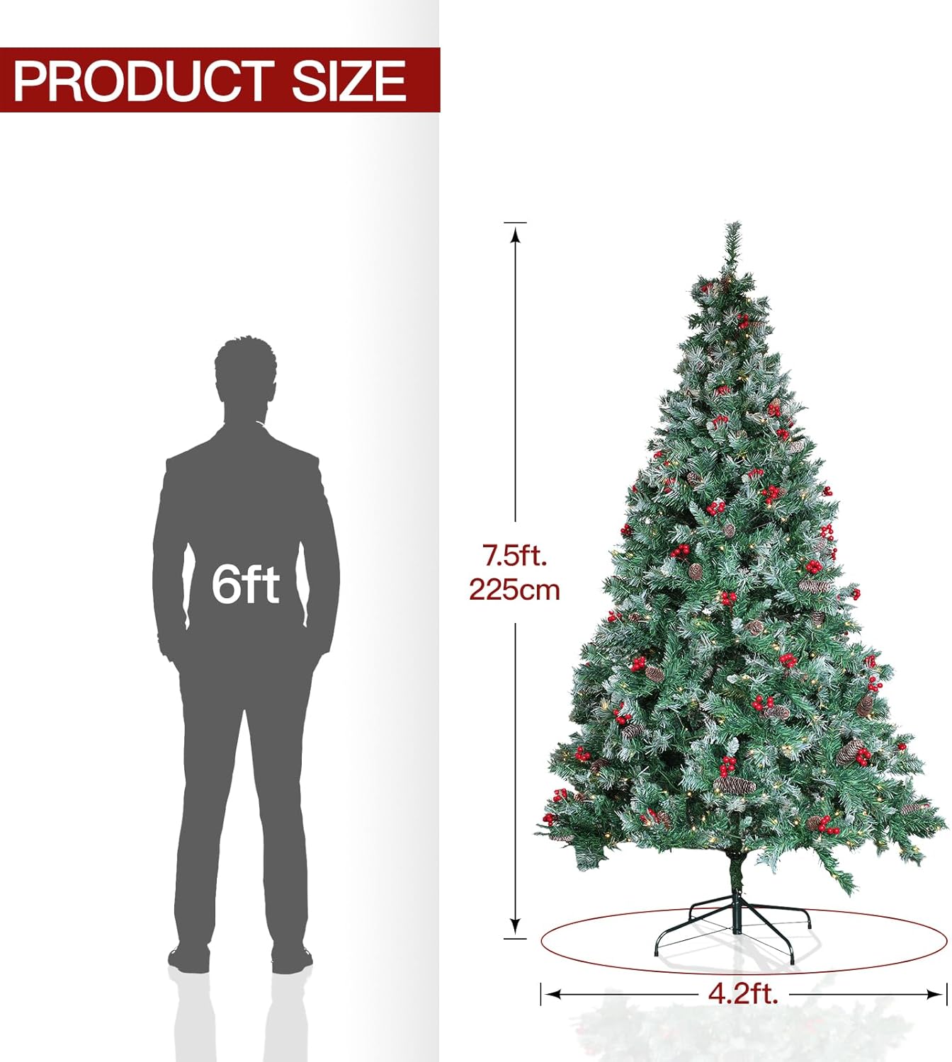 Prelit Christmas Tree with Lights 7.5ft - Premium Artificial Christmas Tree, with 1364 Branch Tips and 550 Warm Lightsm, Support Automatique, Easy Assembly,Perfect Choice for Xmas Decorations