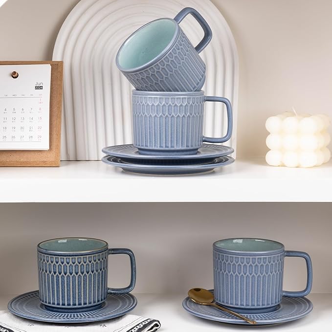 Large Cappuccino Cups with Saucers Set of 4, 8 Ounce Stackable Embossed Ceramic Coffee Mugs for Specialty Coffee Drinks, Latte, Cafe Mocha and Tea, Dishwasher & Microwave Safe (Blue)